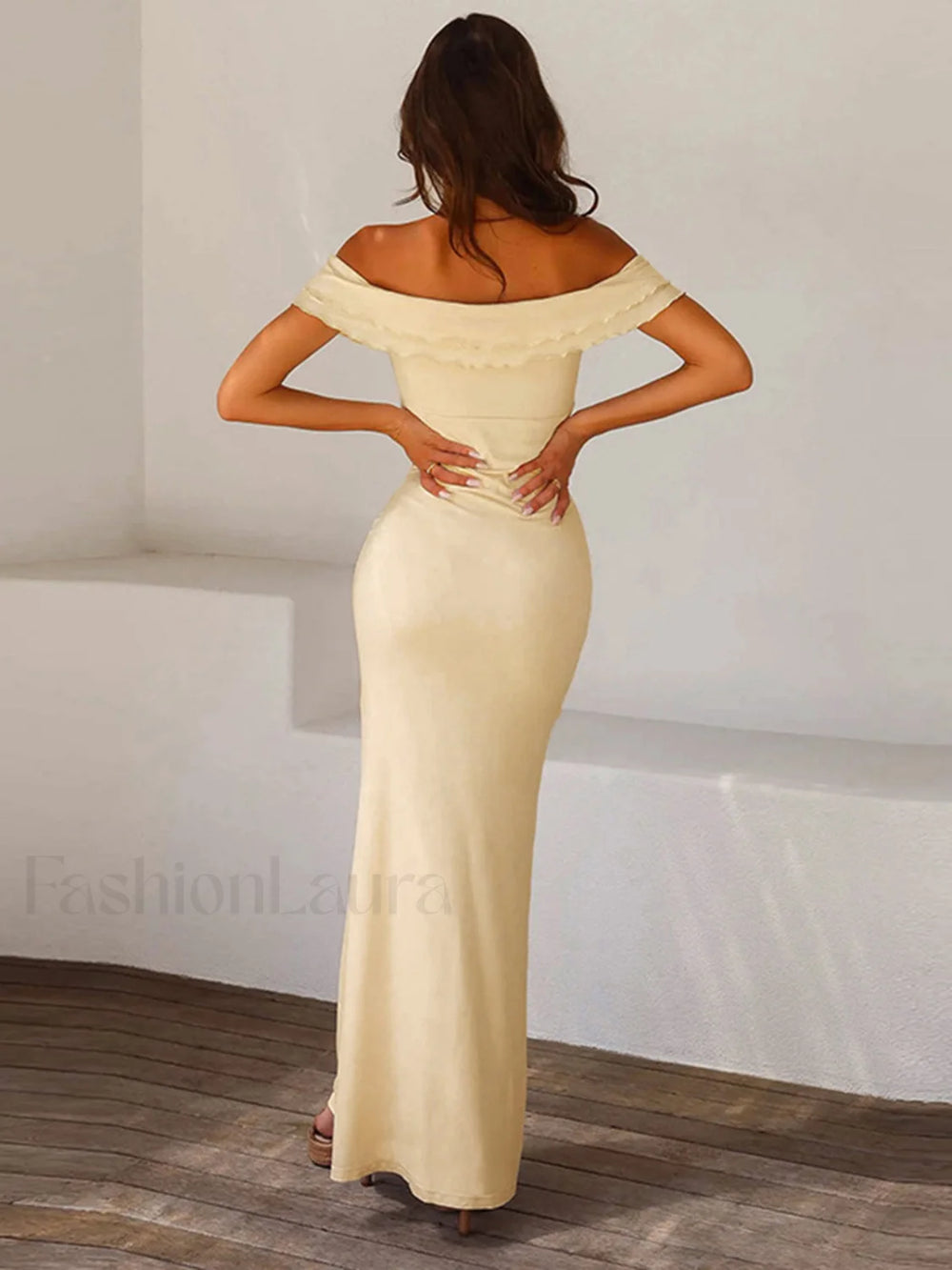 Off Shoulder Ruffle Trendy Satin Long Dress Dresses