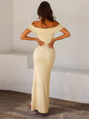 Off Shoulder Ruffle Trendy Satin Long Dress Dresses