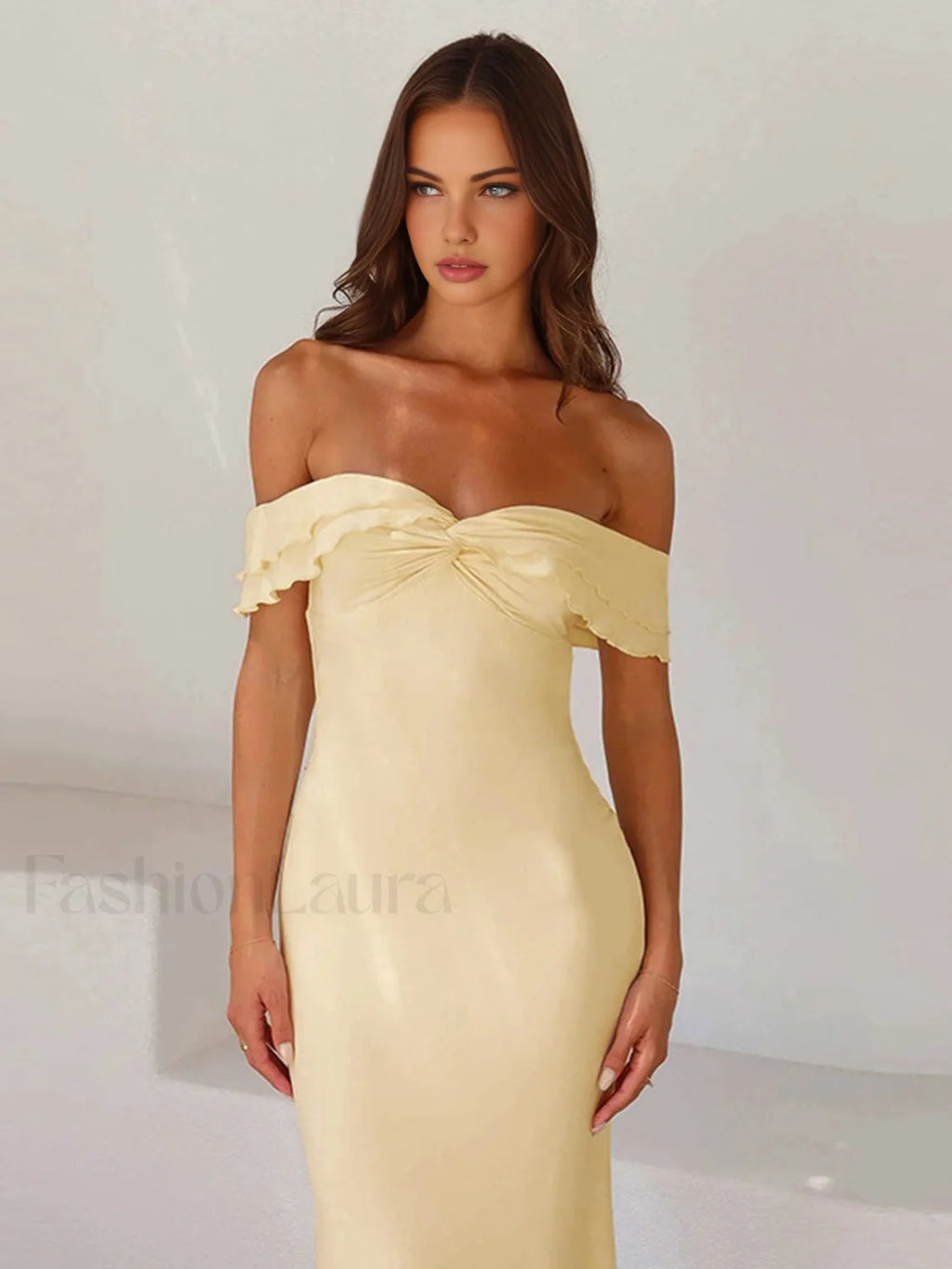 Off Shoulder Ruffle Trendy Satin Long Dress Dresses