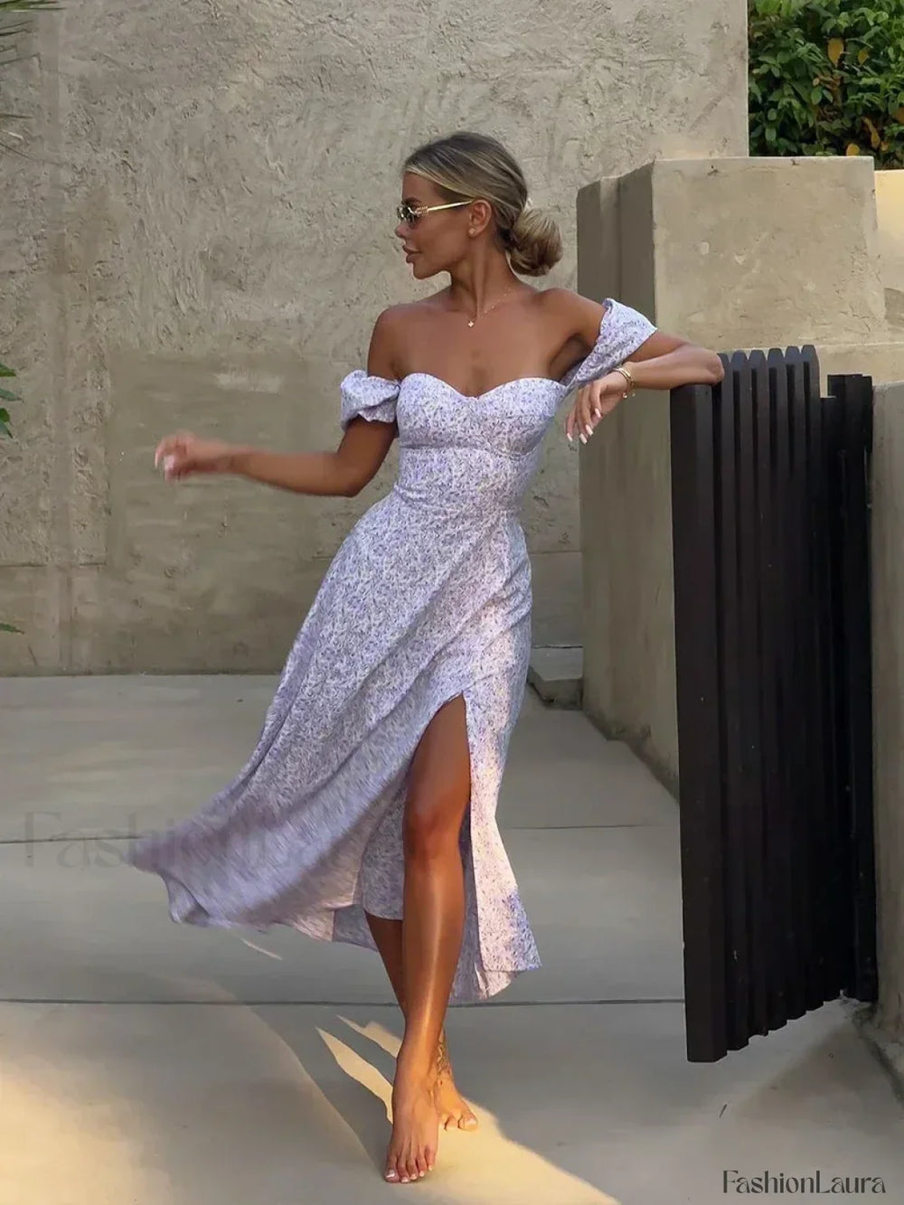 Off Shoulder Slit Floral Dress Purple / S