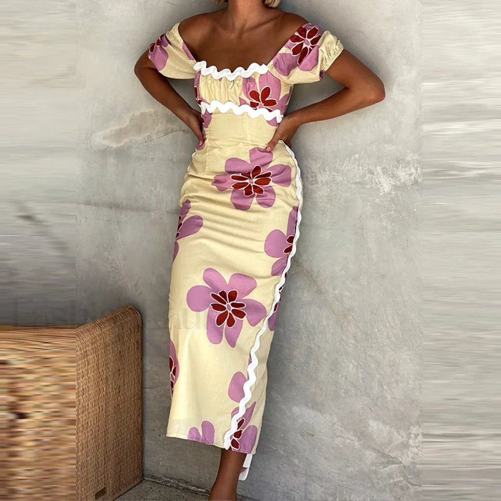 Off Shoulder Split Floral Dress 01 Print / S