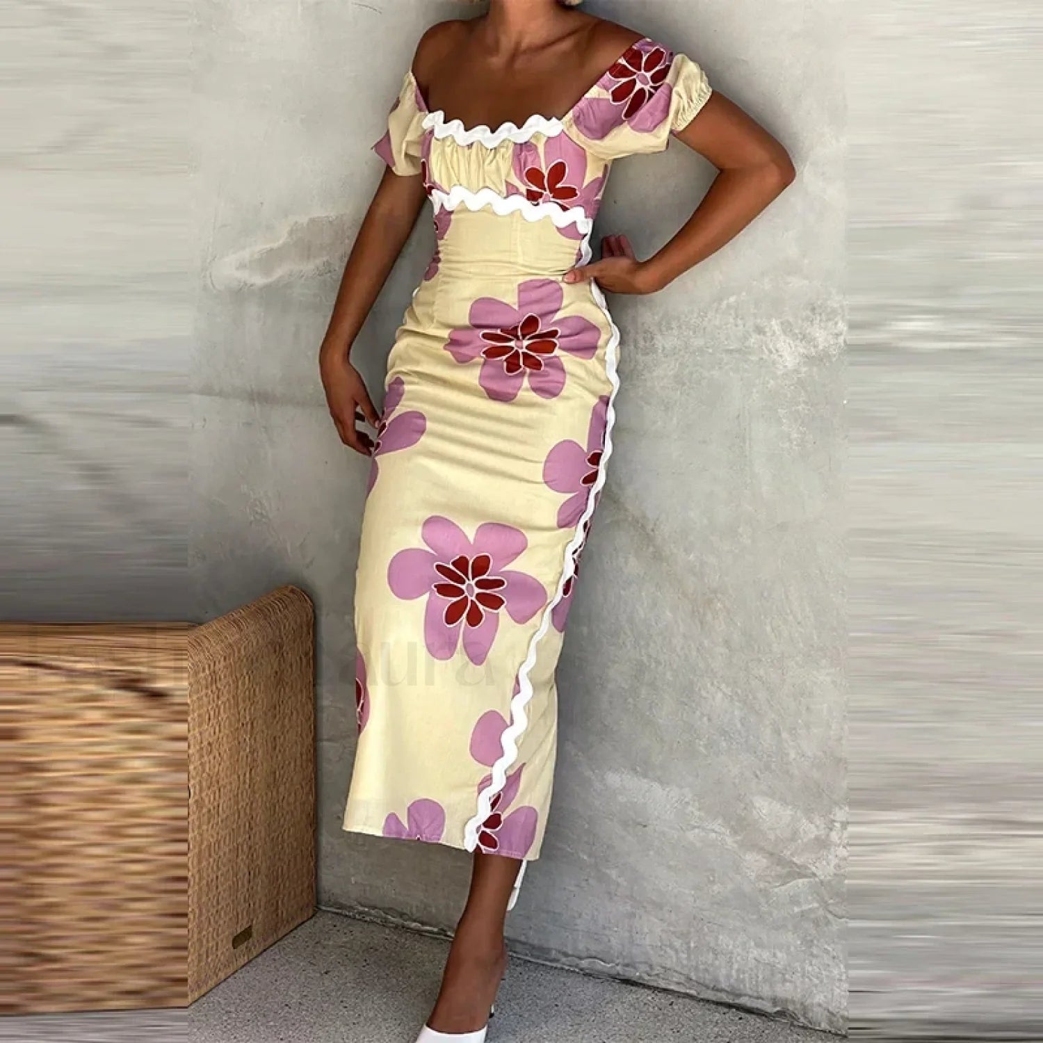 Off Shoulder Split Floral Dress