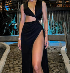 Off Shoulder Split Wrap Maxi Dress Black / S