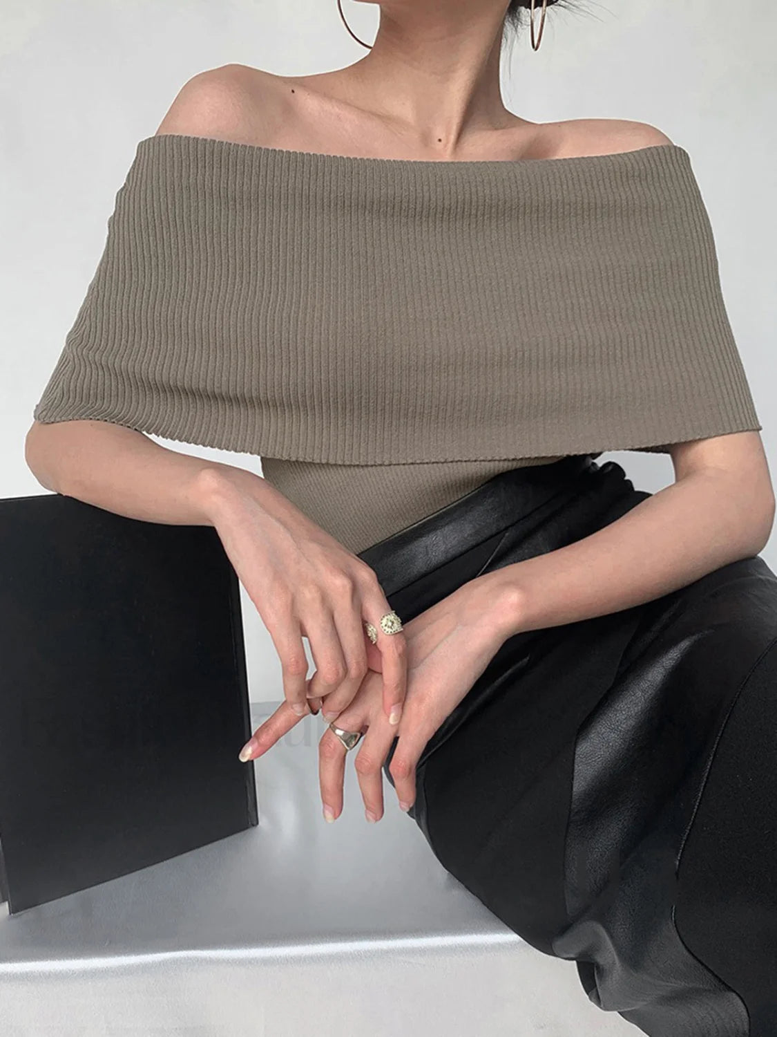 Off Shoulder Stretch Graceful Knit Top Camel / S Sweaters L Main image