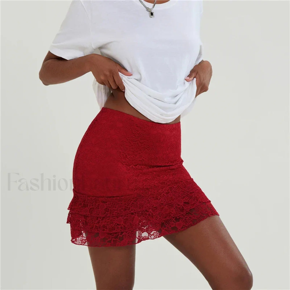 Office Lace High Waist Skirt Red / S