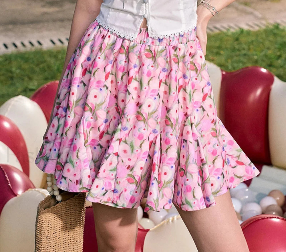 Oil Painting Floral High Waist Skirt