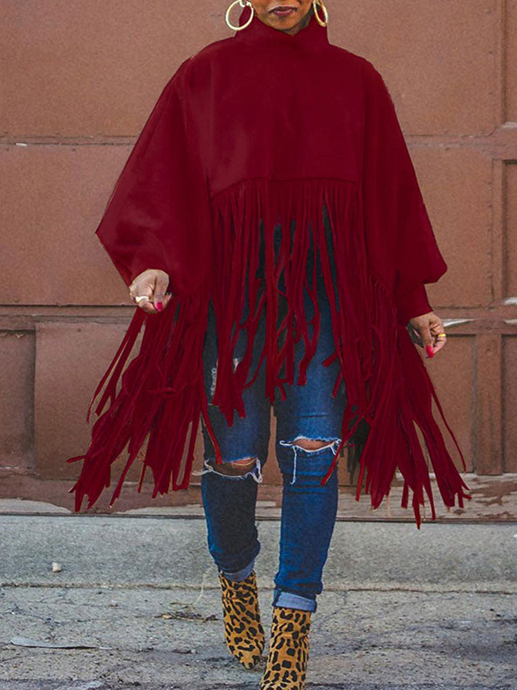 Solid Fringed Suede Top Wine Red / L Sweatshirts & Hoodies L