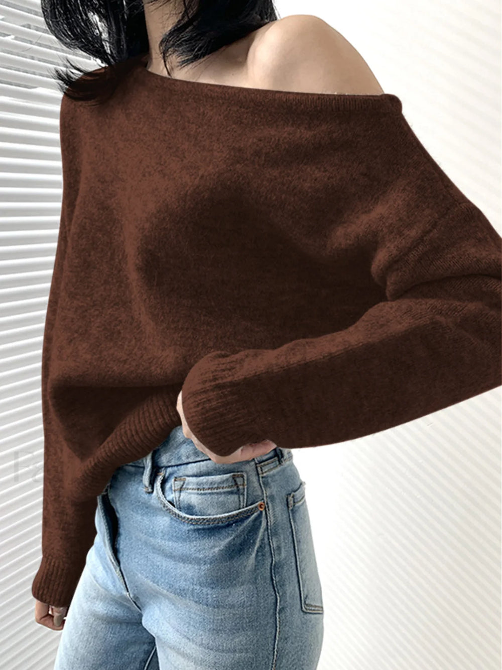 One Shoulder Asymmetric Sweater Dark Brown / XS Sweaters