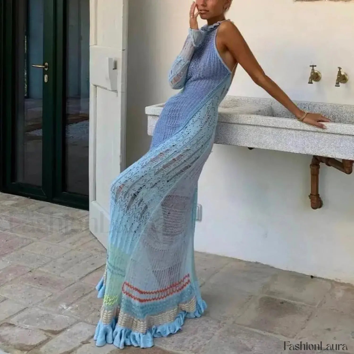 One Shoulder Contrast Knit Cover Up BLUE / One Size
