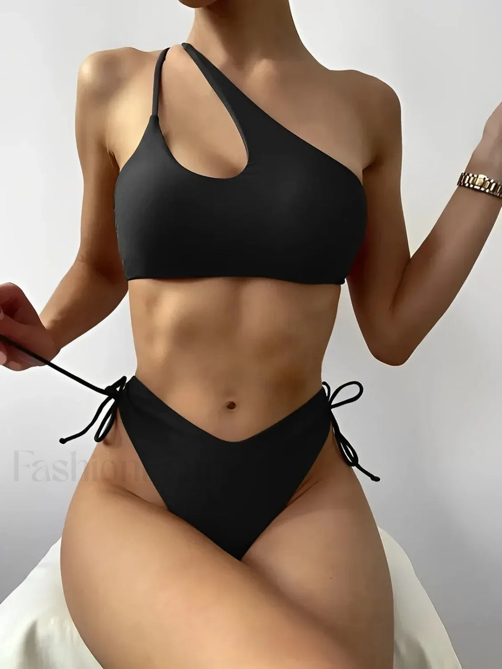 One Shoulder Cut Out String Bikini Set Black / S