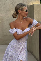 One Shoulder Floral Split Slim Fit Floral Dress