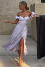 One Shoulder Floral Split Slim Fit Floral Dress Purple / S