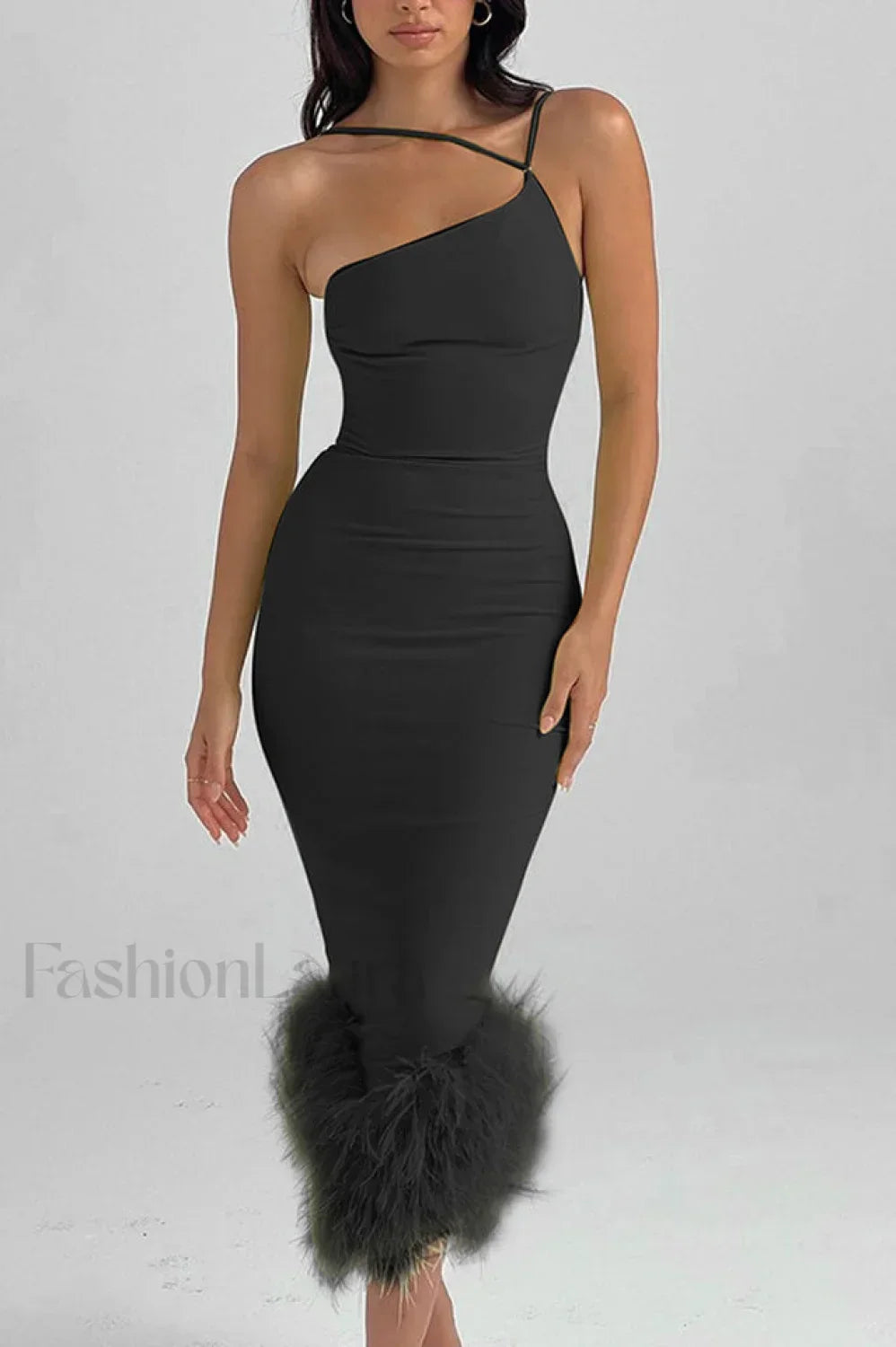 One Shoulder Halter Charming Fur Swing Dress