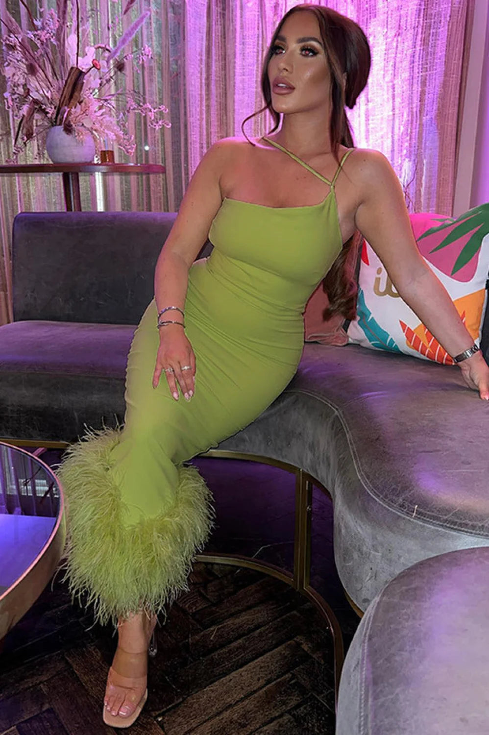 One Shoulder Halter Charming Fur Swing Dress