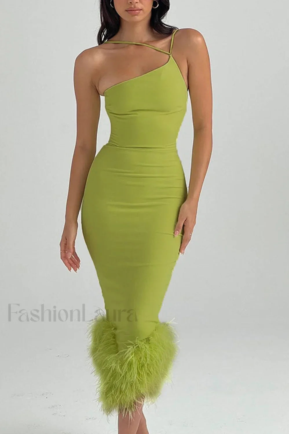 One Shoulder Halter Charming Fur Swing Dress