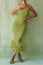 One Shoulder Halter Charming Fur Swing Dress S / Olive