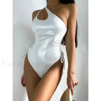 One Shoulder Hollow Out Lace Up One Piece WHITE / S