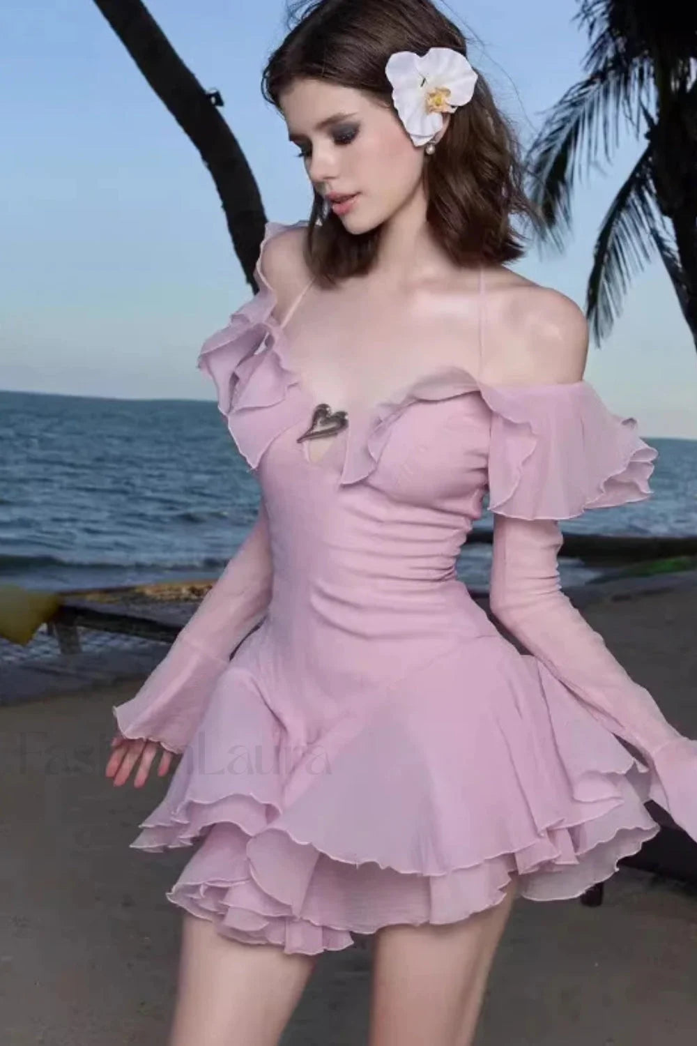 One-Shoulder Horn Sleeve Ruffled Neck Mini Dress Secondary image