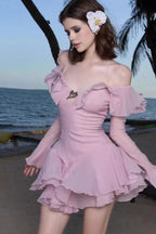 One Shoulder Horn Sleeve Ruffled Neck Mini Dress