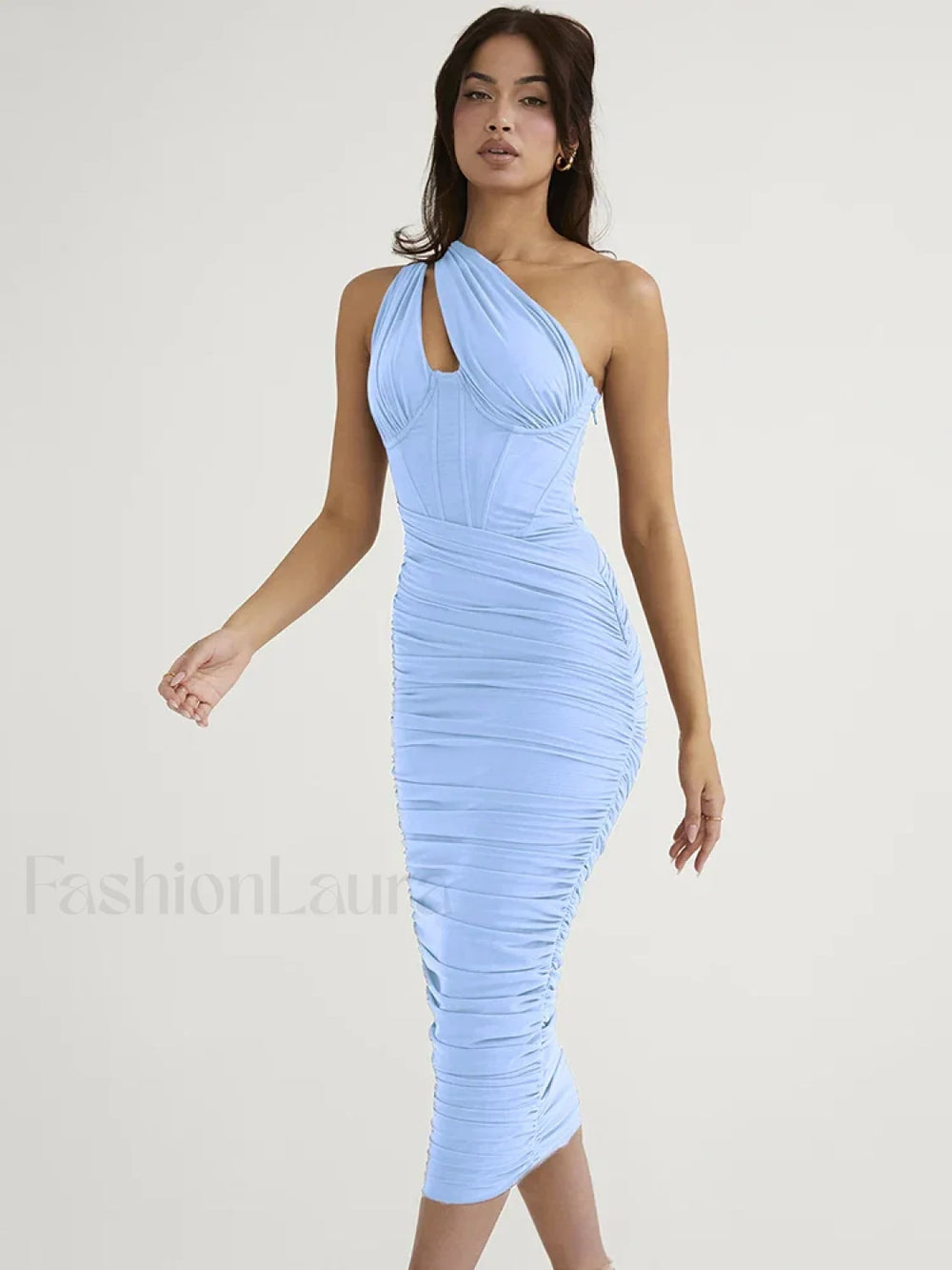 One Shoulder Mesh Midi Dress