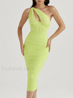 One Shoulder Mesh Midi Dress