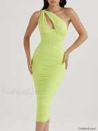 One Shoulder Mesh Midi Dress