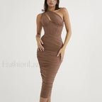 One Shoulder Mesh Midi Dress Brown / Xs