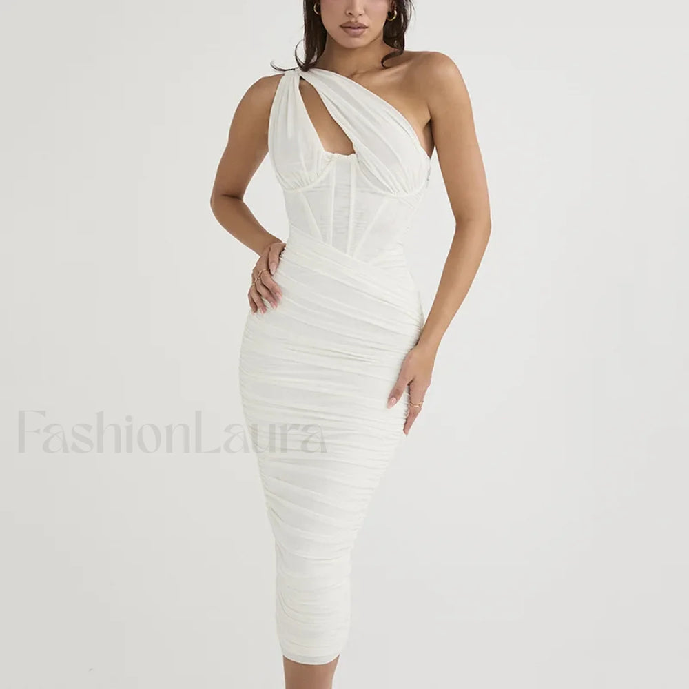 One Shoulder Mesh Midi Dress White / Xs