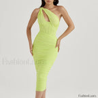One Shoulder Mesh Midi Dress Yellow green / Xs