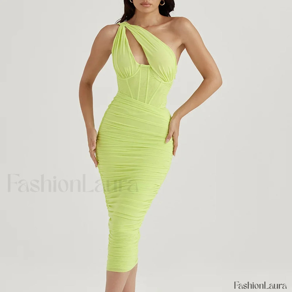 One Shoulder Mesh Midi Dress Yellow green / Xs