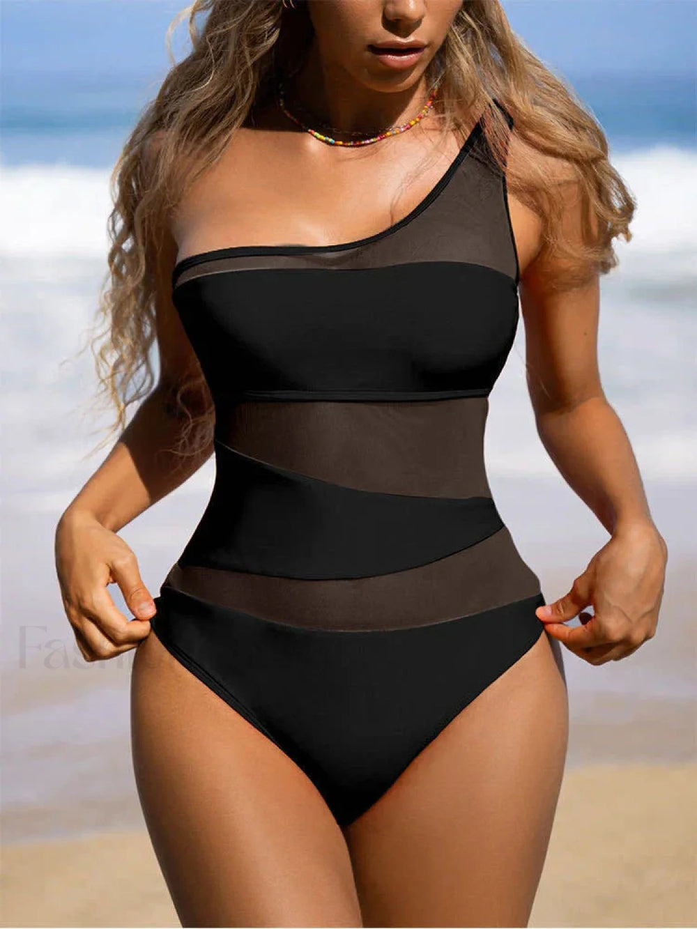 One Shoulder Mesh Orange One Piece