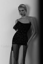 One Shoulder Rhinestone Charming Mesh Maxi Dress