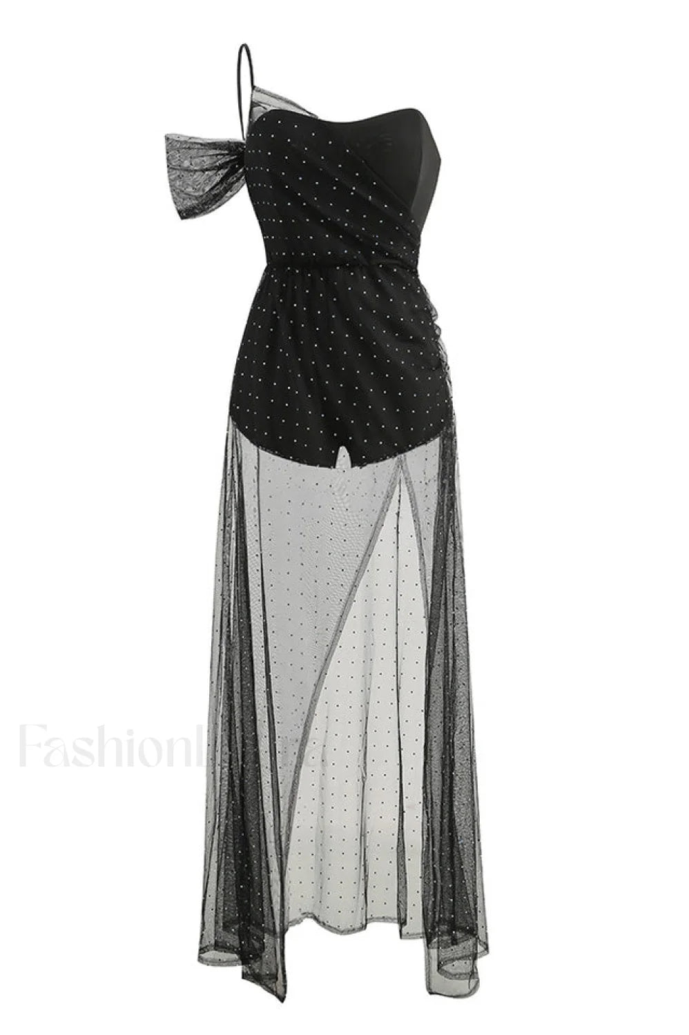 One Shoulder Rhinestone Charming Mesh Maxi Dress