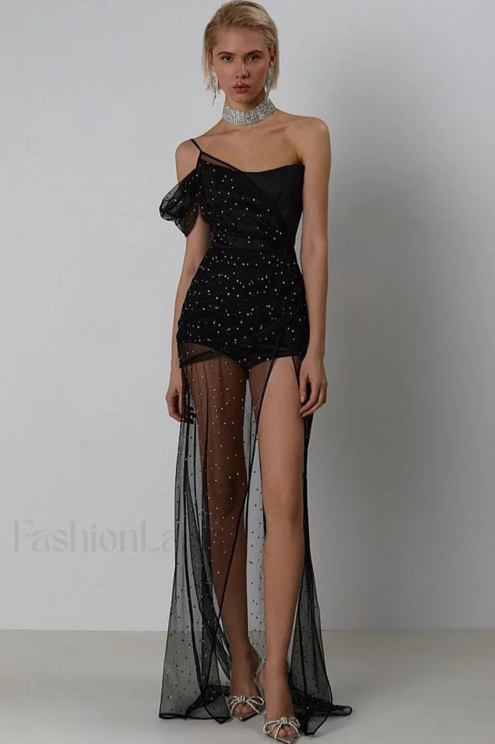 One Shoulder Rhinestone Charming Mesh Maxi Dress S