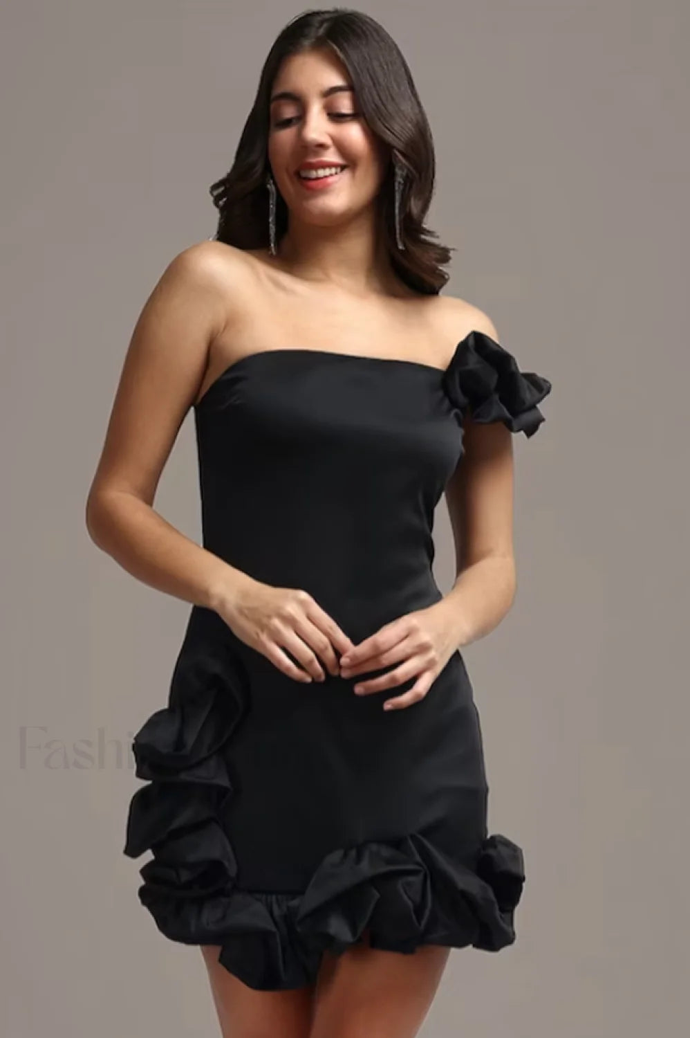 One Shoulder Ruffled Charming Sheath Mini Dress