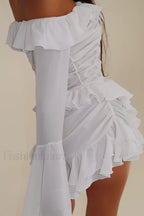 One Shoulder Ruffled Flared Sleeve Chiffon High Waist Mini Dress