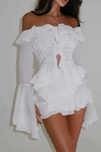 One Shoulder Ruffled Flared Sleeve Chiffon High Waist Mini Dress