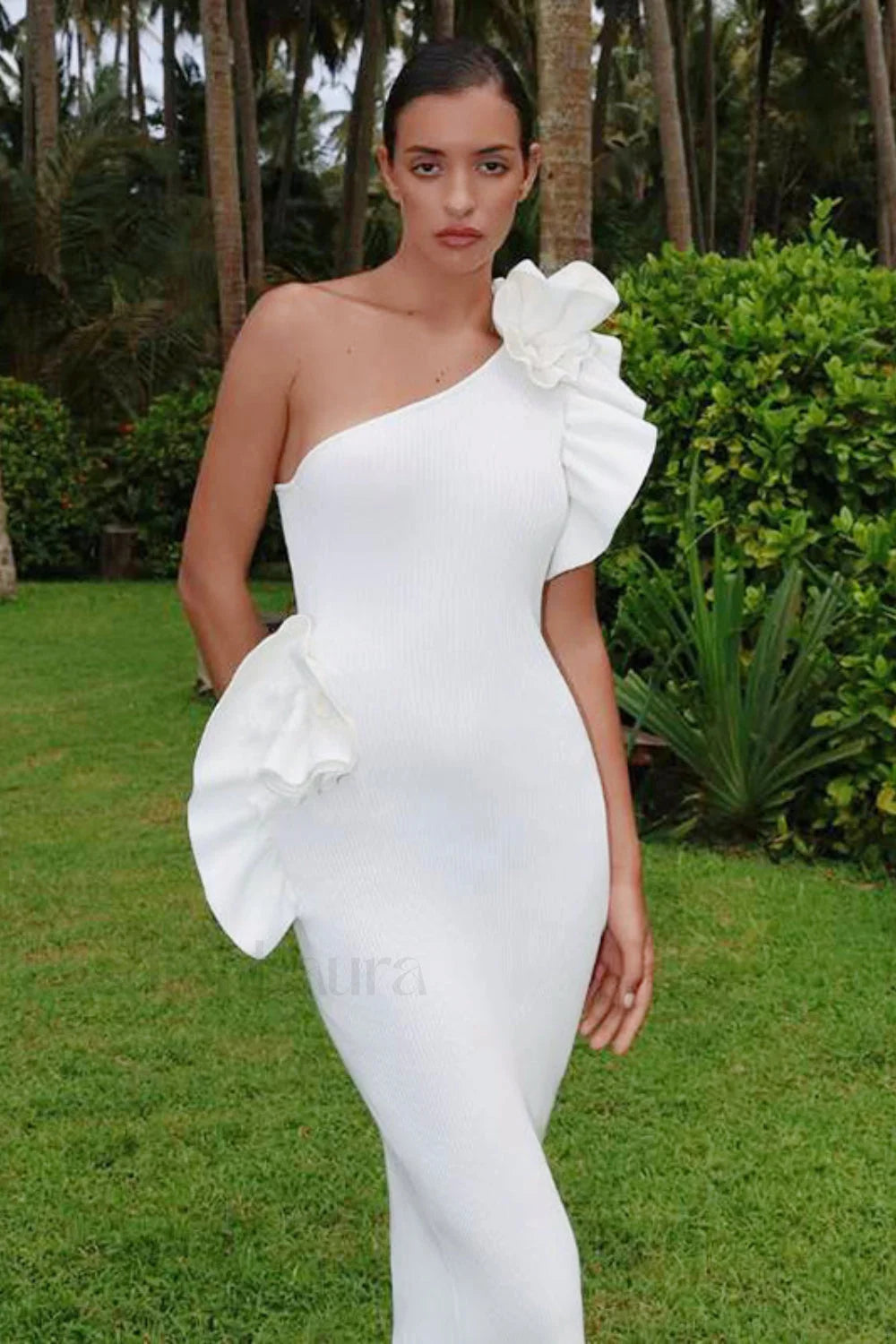 One-Shoulder Ruffled Floral Knit Maxi Dress Secondary image