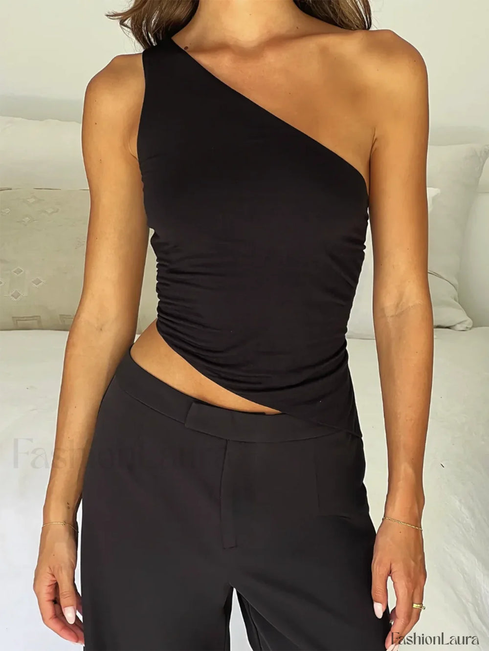 One Shoulder Solid Color Lace Up Irregular Short Crop Top