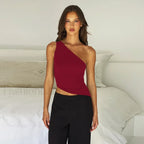 One Shoulder Solid Color Lace Up Irregular Short Crop Top