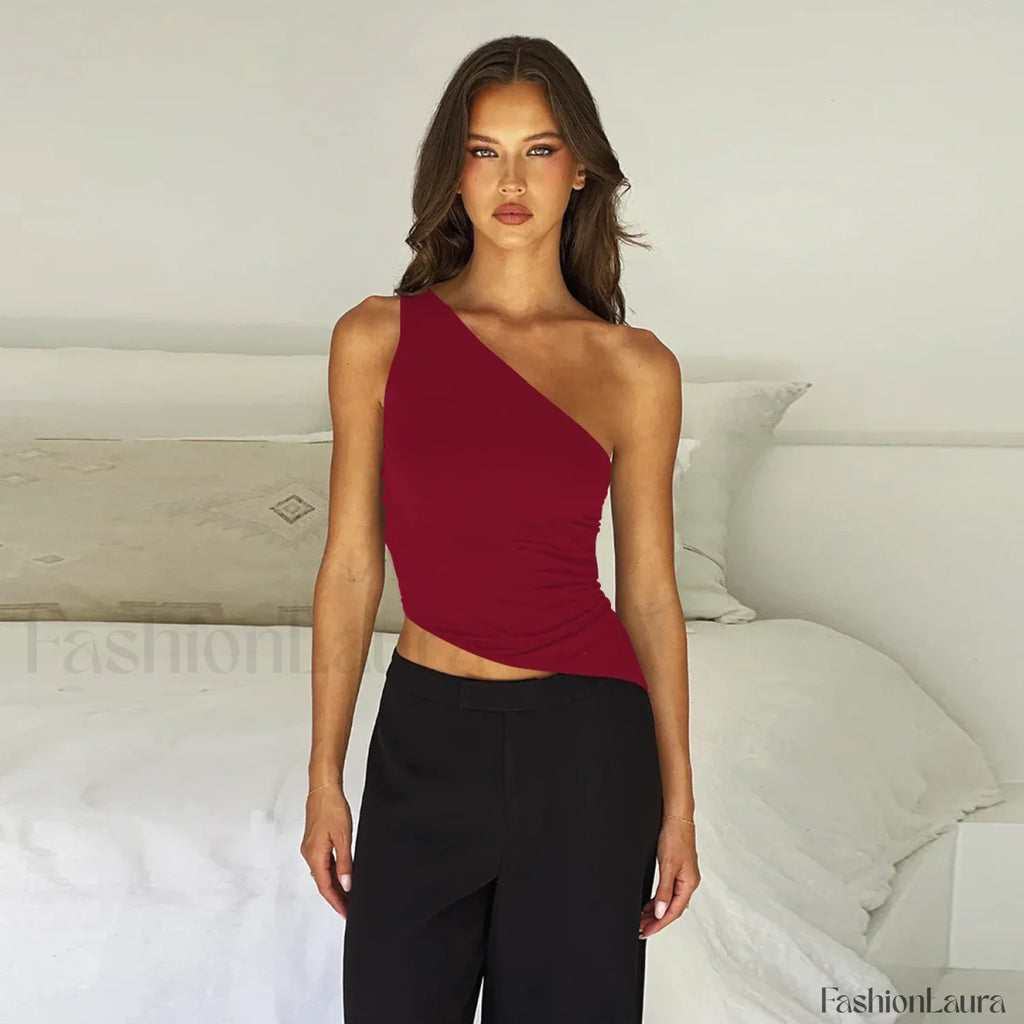 One Shoulder Solid Color Lace Up Irregular Short Crop Top
