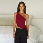 One Shoulder Solid Color Lace Up Irregular Short Crop Top