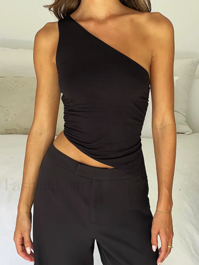 One Shoulder Solid Color Lace Up Irregular Short Crop Top Main image