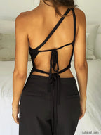 One Shoulder Solid Color Lace Up Irregular Short Crop Top