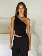 One Shoulder Solid Color Lace Up Irregular Short Crop Top black / S