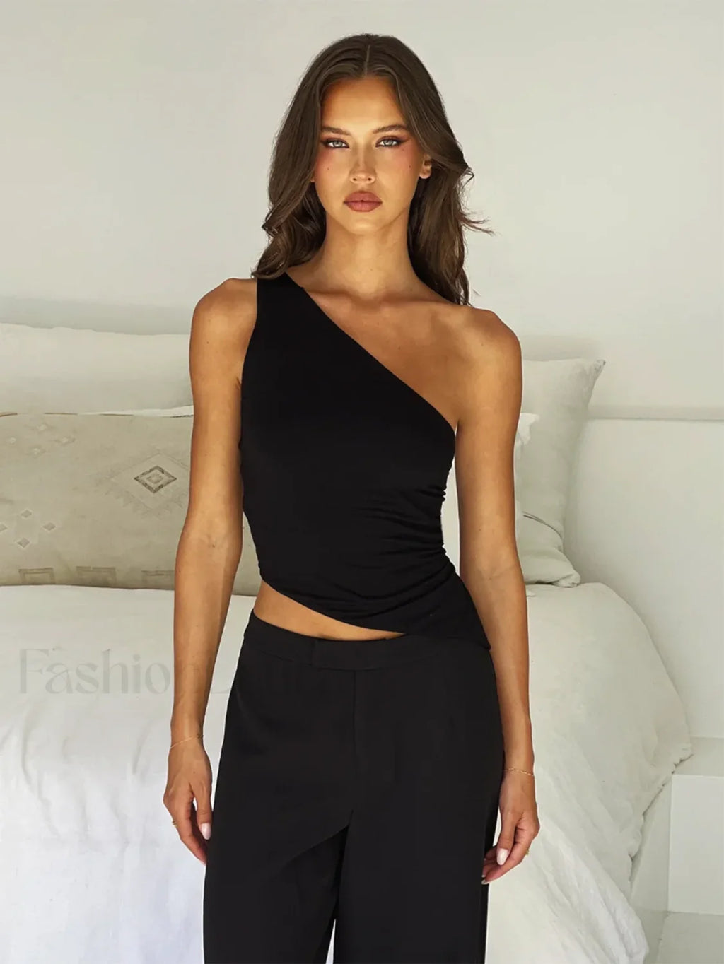 One Shoulder Solid Color Lace Up Irregular Short Crop Top black / S
