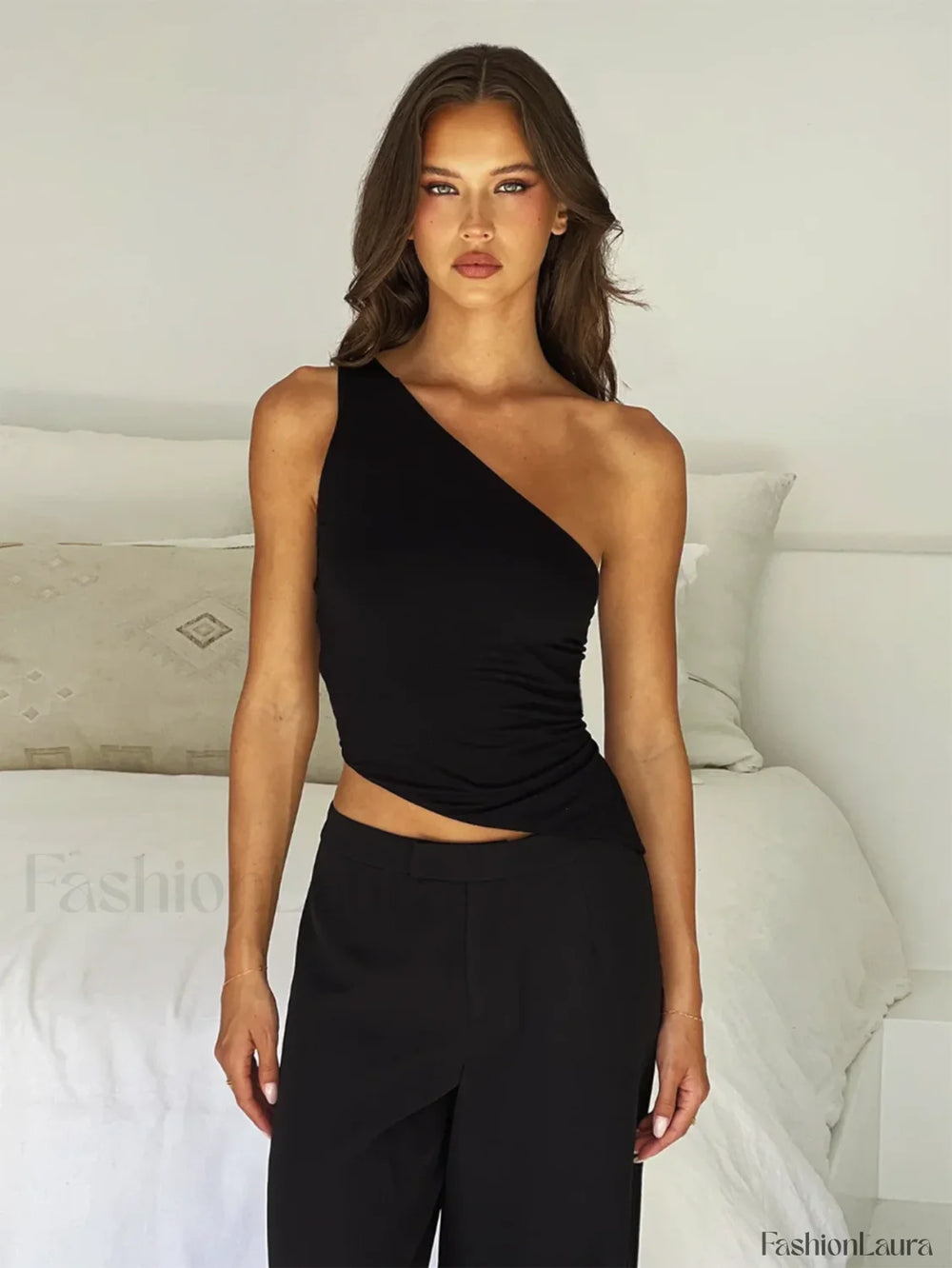 One Shoulder Solid Color Lace Up Irregular Short Crop Top black / S