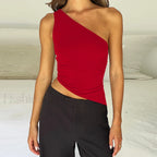 One Shoulder Solid Color Lace Up Irregular Short Crop Top red1 / S