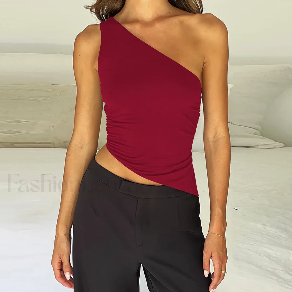 One Shoulder Solid Color Lace Up Irregular Short Crop Top red2 / S