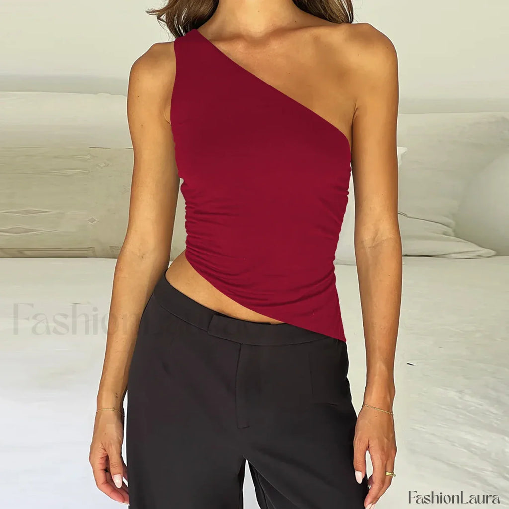 One Shoulder Solid Color Lace Up Irregular Short Crop Top red2 / S
